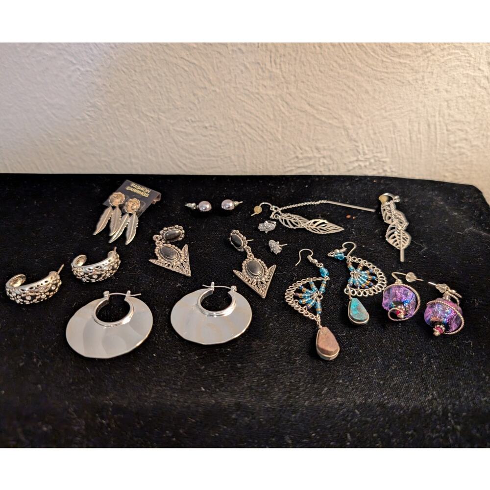 Lot of Nine Pair Silver Tone Themed Pierced Earrings